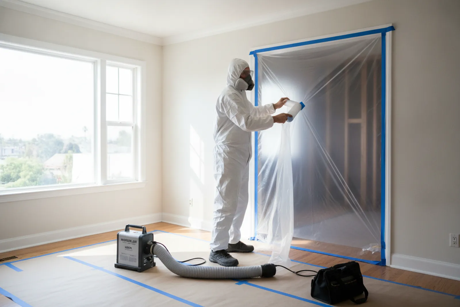 Mold abatement technician in a Tyvek suit setting up sealed containment and a negative-air HEPA machine in a bright Los Angeles home