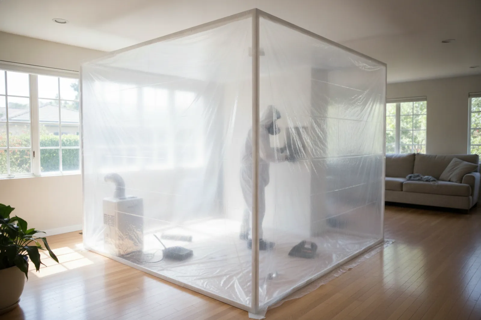Sealed mold-abatement containment with a HEPA air scrubber running in a Los Angeles home